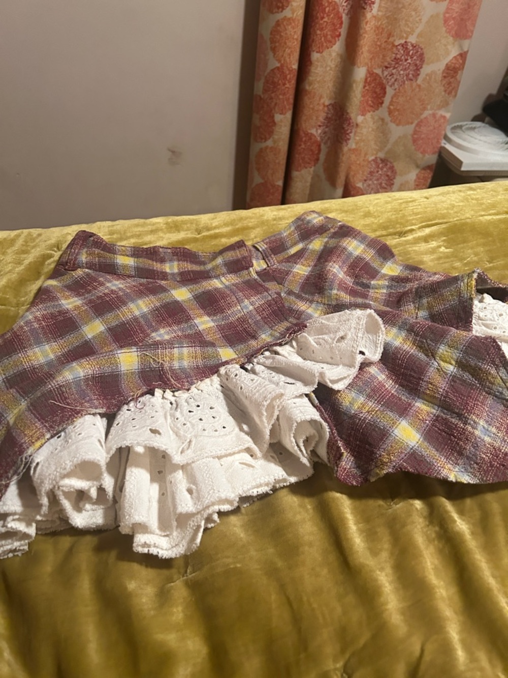 Free people Plaid Mini Skirt with Eyelet Lace Trim - Burgundy, Yellow, White